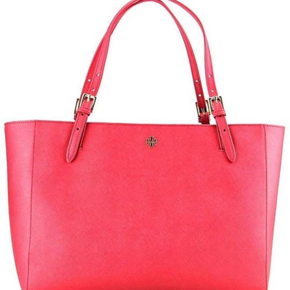 Large Tory Burch Emerson Laptop Tote in Red Saffiano Leather